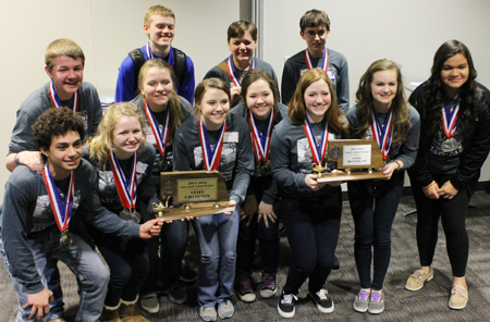 NEBRASKA CITY, LOURDES CENTRAL - The Lourdes Central academic decathlon team that won the ‘Very Small School Division’ at the Feb. 19-20 state championship in Omaha is pictured with coach Tammy Partsch. Not pictured is coach Tom Dinville. (Courtesy photo)